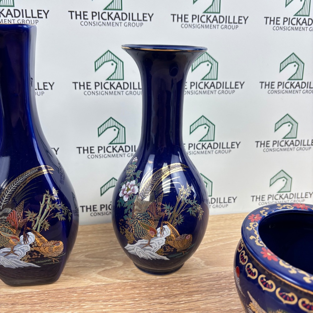 5pc Chinese Cobalt Blue Porcelain Set Vases Bell Bowl Gilt Bird Crane Pheasant - Picture 5 of 13